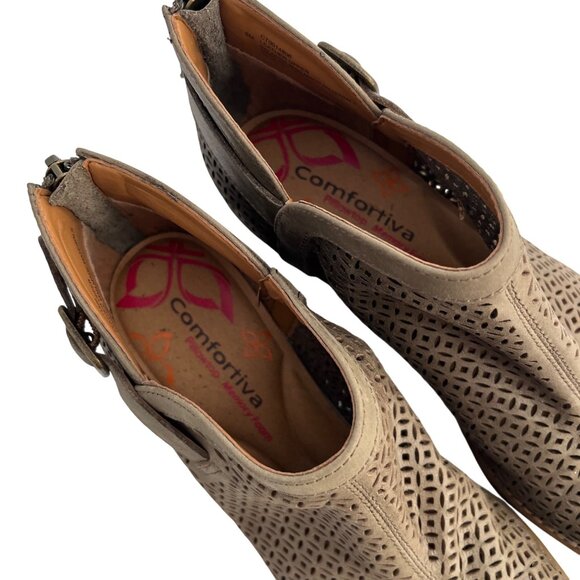 SIZE 8 EUC Comfortiva Cantara Laser Cut Green Taupe Leather Boots Booties - Picture 9 of 11